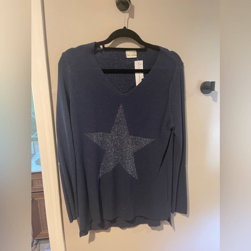Navy blue sweater with star on front and elbows
